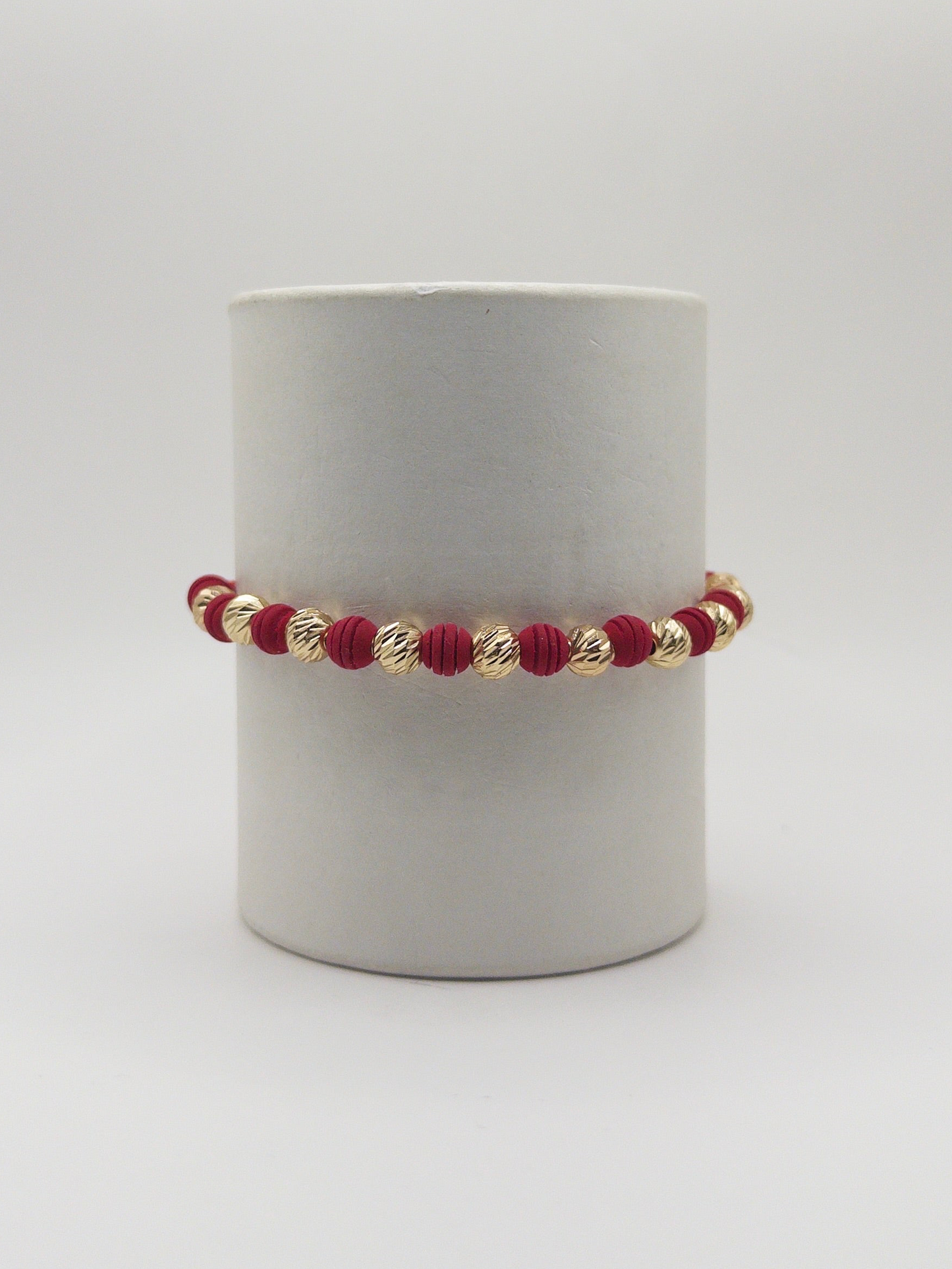 TEJIDA 10 BALINES #6 DIAMANTADOS CON NEOPRENO ROJO RAYADO ORO LAMINADO 18K