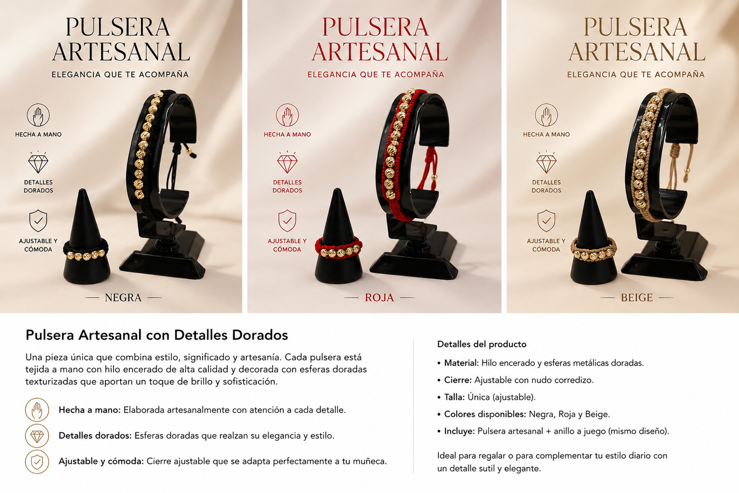 PROMOCION COMBO PULSERA TEJIDA + ANILLO ORO LAMINADO 18K