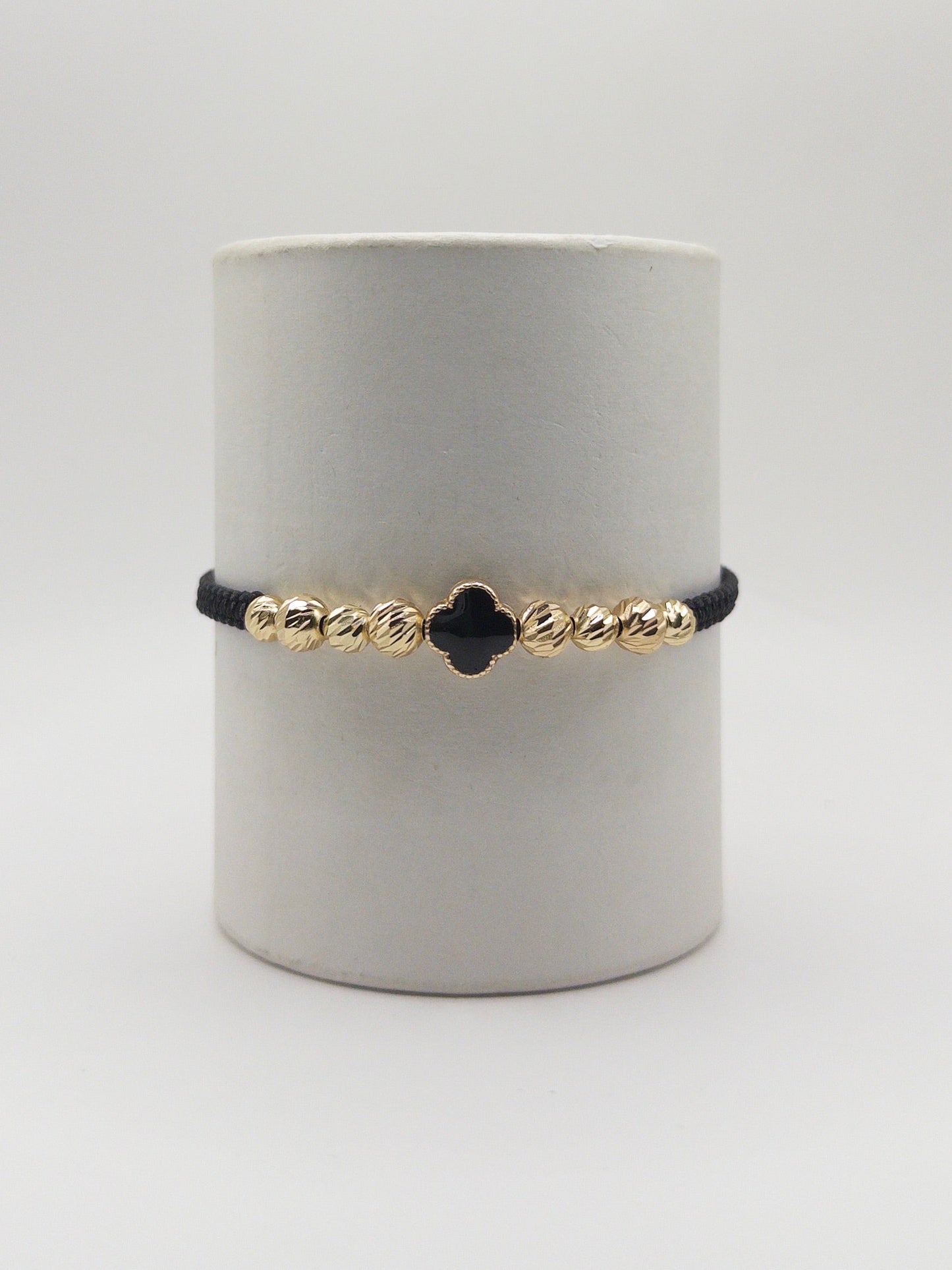 TEJIDA TREBOL NEGRO BALINES #5 Y #4 DIAMANTADOS ORO LAMINADO 18K